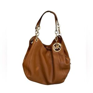 Michael Kors Fulton Large Pebbled Leather Shoulder Bag Gold Tone Logo & Chain